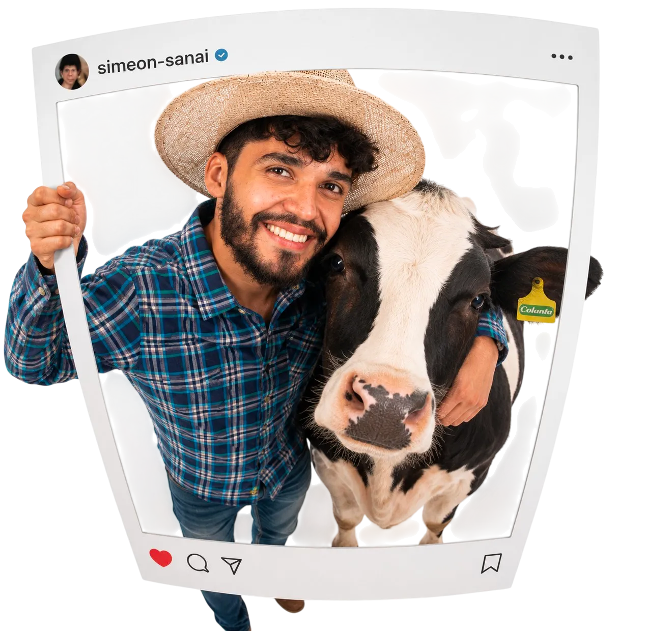 Un campesino con sombrero abraza a una vaca Holstein mientras sostiene un marco de publicación de Instagram.